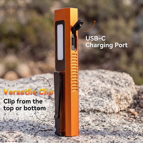 4 In 1 EDC Slim Flashlight With USB C Rechargeable Battery Magnetic Tail Cap UV Light Green Laser Pointer Red Strobe Waterproof Aluminum Body Pocket Clip Orange For Camping Night Walks And DIY Auto Repairs
