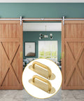 Gold Stainless Steel Barn Door Handle Pull Plates Set Of 2 With Mounting Screws In Front Of Wooden Sliding Doors