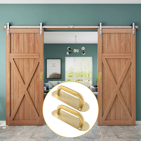 Gold Stainless Steel Barn Door Handle Pull Plates Set Of 2 With Mounting Screws In Front Of Wooden Sliding Doors