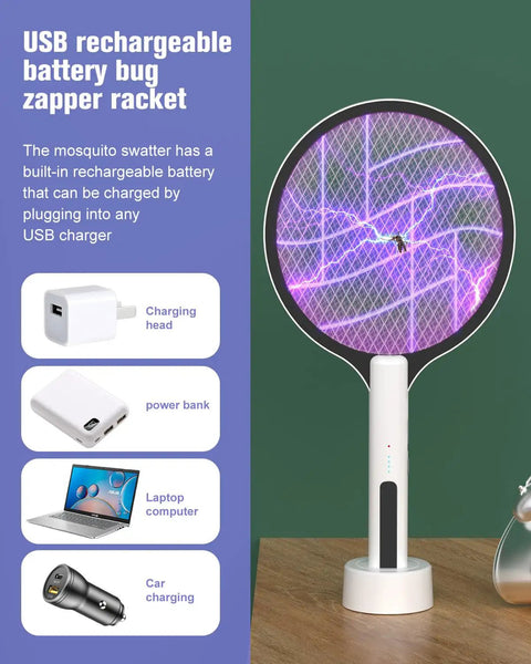 Dual Mode Electric Fly Swatter 4500V Bug Zapper Racket 2 In 1 Handheld Purple Light Mosquito Killer Rechargeable on table