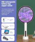 Powerful 4500V Fly Zapper Racket 2 In 1 Handheld Bug Zapper And Purple Mosquito Killer on stand with USB charging options shown