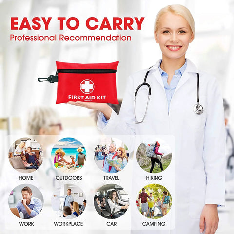 Front view of red mini first aid kit with rotatable buckle, white cross emblem, held by clinician