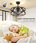 20 Inch Caged Bladeless Ceiling Fan With Light, Low Profile Flush Mount, over sleeping child, showing quiet copper motor