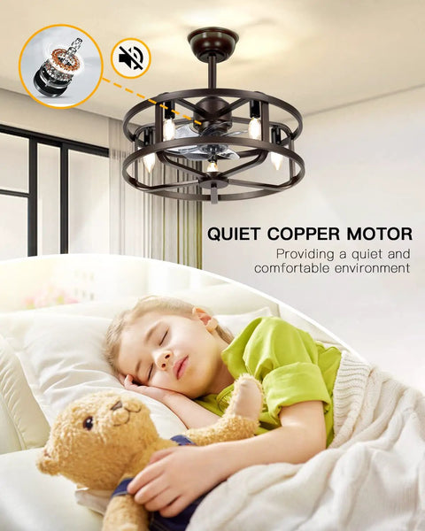 20 Inch Caged Bladeless Ceiling Fan With Light, Low Profile Flush Mount, over sleeping child, showing quiet copper motor