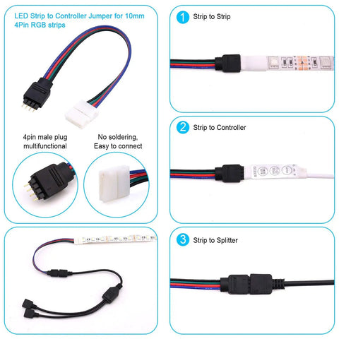 Solderless RGB LED strip connector kit with 4 pin 5050 connectors, L shape for 10mm wide strips, includes strip to controller.