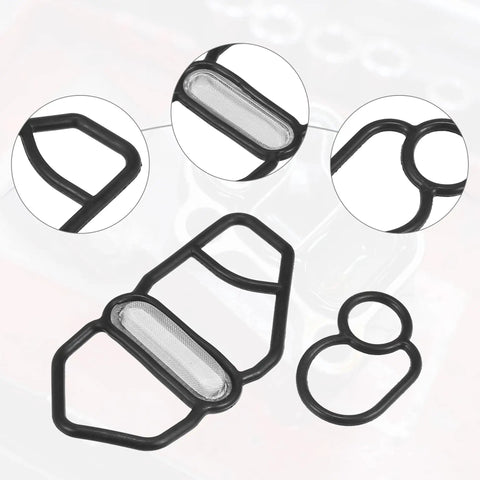 VTEC Solenoid Gasket Spool Valve Filter Screen Replacement Pack Of 2 For Honda Prelude 1995 Through 2001 Civic 1996 Through 2005 Del Sol 1996 Through 1997 Black, showing multiple views of gaskets and filter screens