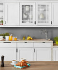 White kitchen cabinets with 10 Pack Black Finger Edge Pulls For Cabinets And Drawers, 5.9 Inch Length 150mm, installed view.