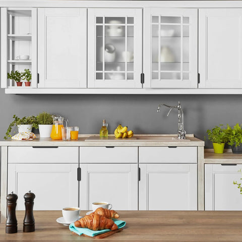White kitchen cabinets with 10 Pack Black Finger Edge Pulls For Cabinets And Drawers, 5.9 Inch Length 150mm, installed view.