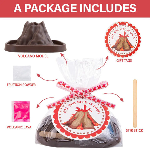 24 Pack Erupting Volcano Science Kit With Valentines Cards For Kids, shown with volcano model, tags, and eruption materials.