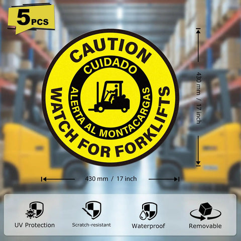 Forklift Traffic Warning Sign Set 5 Pack Bilingual Look Out For Lift Trucks Floor Stickers 17 By 17 Inches, installed on floor
