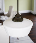 Cambridge 1 Light Pendant in Blackened Oil Rubbed Bronze With White Glass Shade Rustic Modern Farmhouse Vibe in dining room