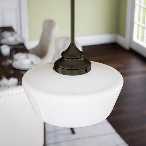 Cambridge 1 Light Pendant in Blackened Oil Rubbed Bronze With White Glass Shade Rustic Modern Farmhouse Vibe in dining room