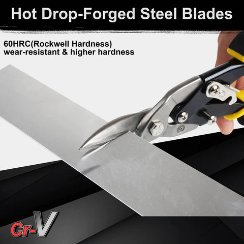 Aviation Tin Snips 3-Piece Go-To Pro-Grade Set cutting sheet metal with comfort grips and safety latch visible