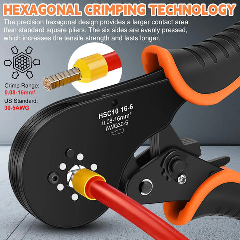 Close-up of Ferrule Crimping Tool Kit All-In-One With Self-Adjusting Pliers, 0.08-16 Mm2 AWG 30-5, hexagonal pressure technology.