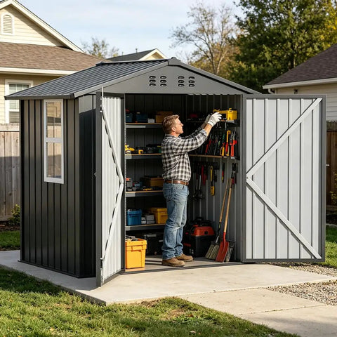 Outdoor Storage Shed With Window Lockable Garden Toolhouse for Backyard Use, Ventilated, Light Grey, 6x4FT with open doors on concrete base.