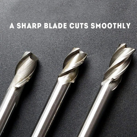 End mill bits: three silver HSS CNC cutters with four flutes