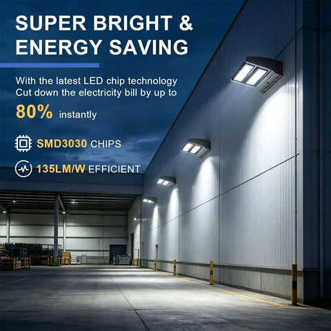 Commercial building exterior lit by 80W Rotatable LED Wall Pack Light For Outdoor Security Mega Bright 10400 Lumens At 5000K With Adjustable Heads