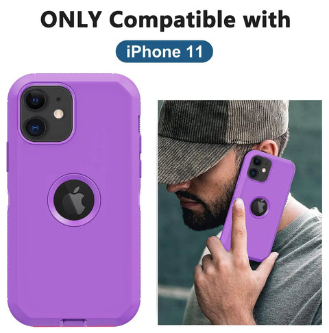 iPhone 11 Case With Built In Screen Protector Beefed Up Heavy Duty Drop Protection Full Body Rugged Shockproof Dust Proof 3 Layer Tough Protective Cover For iPhone 11 Purple shown on phone and in use by person