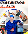 Man using 6000 Count Digital Clamp Meter With True RMS For AC And DC Voltage, surrounded by professionals demonstrating usage.