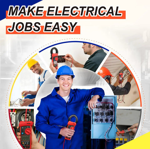 Man using 6000 Count Digital Clamp Meter With True RMS For AC And DC Voltage, surrounded by professionals demonstrating usage.