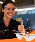 Built Dang Tough 6 Pack Safety Glasses For Work And Lab With Crystal Clear Lenses. Female user demonstrating comfort, impact protection.