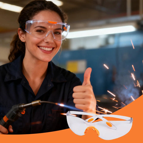 Built Dang Tough 6 Pack Safety Glasses For Work And Lab With Crystal Clear Lenses. Female user demonstrating comfort, impact protection.