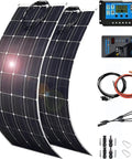600W Solar Panel Kit With Inverter And Forty Amp Charge Controller Two 300W Flexible Monocrystalline Panels For Twelve To Forty Eight Volt Battery Charging On The Go Campers RVs Boats And Cars showing panels, controller, and inverter