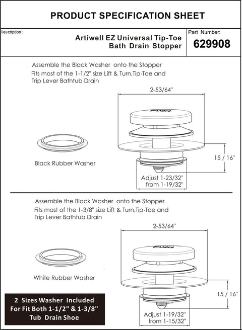 Universal Bath Drain Stopper And Cover With Tip Toe Design Replaces Lift And Turn Drains Easy Install Clears Hair And Debris Fits Most Tub Drains No More Clogs Chrome Plated Upgrade specification sheet