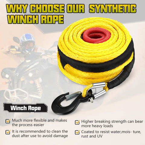 Half Inch By 100 Foot Synthetic Winch Rope Kit With 32000 Pound Breaking Strength Protective Sleeve Forged Hook Aluminum Buckle