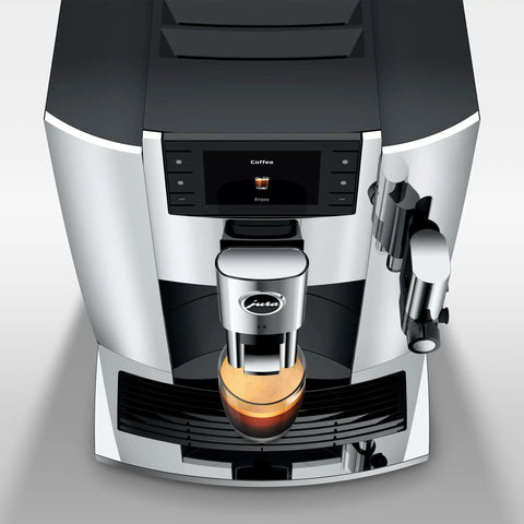 Fully Automatic Chrome Espresso Machine One Touch Custom Barista Brewer Fresh Bean Grinder Premium Coffee Maker with coffee cup.