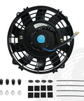 Universal 7 Inch Slim Radiator Cooling Fan With Ten Rugged Blades And 12 Volt Electric Push Pull Layout Comes Loaded With Sturdy Mount Brackets And Straps Kit Matte Black Paint, showing fan and accessories.