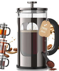 French Press Coffee Maker 34 Ounce Plastic Free Brewing Surface With Thickened Glass And Stainless Steel, dark pewter, side view