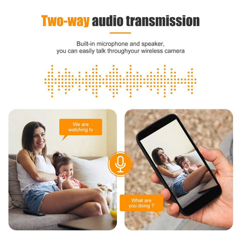 Plug And Play 1080P Wireless Security Cameras Two Pack No Drill No Wires E26 E27 Socket Mount showing two-way audio feature