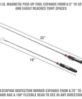 Three Piece Magnetic Tray And Pick Up Tool Set With Magnetic Dish Extendable Magnet Pickup Tool And Telescoping Mirror Reaching Up To Nineteen Inches A Handy Garage And Shop Essential For Small Parts And Lost Screws, showing 33-inch magnet pickup and 19-inch telescoping mirror.