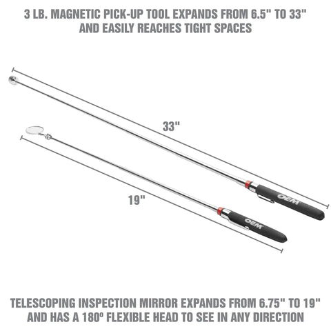 Three Piece Magnetic Tray And Pick Up Tool Set With Magnetic Dish Extendable Magnet Pickup Tool And Telescoping Mirror Reaching Up To Nineteen Inches A Handy Garage And Shop Essential For Small Parts And Lost Screws, showing 33-inch magnet pickup and 19-inch telescoping mirror.