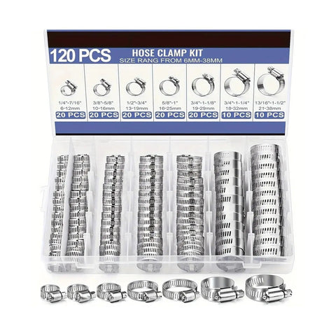 120 Pack Premium Stainless Steel Worm Drive Hose Clamps Fits 1/4 To 1.5 Inch Sizes For Garden Hoses And Plumbing Jobs With Durable Corrosion Resistant Build, assorted sizes in storage case
