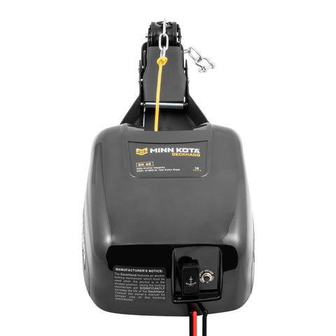 Minn Kota Deckhand Electric Anchor Winch Dh-40 with pre-spooled nylon rope and control panel, designed for hands-free anchoring.