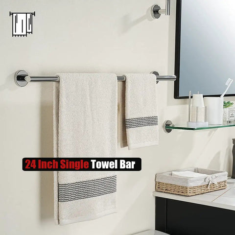 Chrome Towel Bar 27 Inch Built Tough 304 Stainless Steel 0.8mm Tube Wall Mount Towel Holder With Polished Finish Usable 24 Inch Length For Bathroom TB110L24CH shown with towels in bathroom setting
