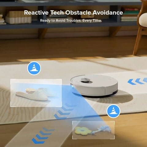 Robot Vacuum And Mop With 10,000 Pa Suction, 70 Day Self-Emptying Dock demonstrating obstacle avoidance on a carpet.