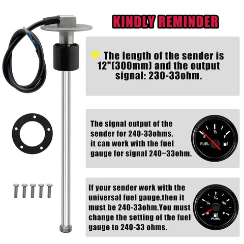 240-33 Ohm Marine Fuel Sending Unit For 12 Inch Gas Tank Gauge Sensor with SUS316 Stainless Steel, SAE Five Hole Mount, shown with parts