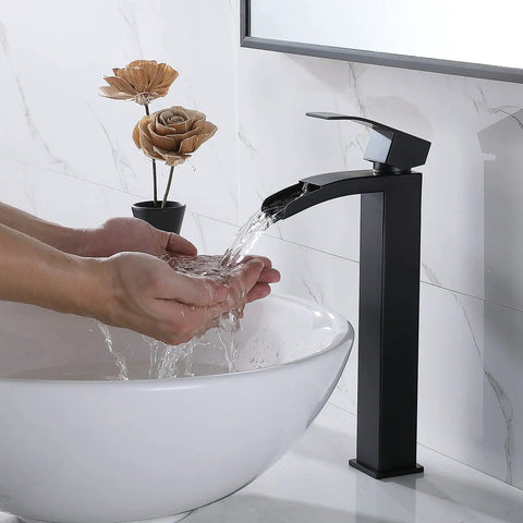Person using Dope Sleek Black Vessel Sink Faucet With Waterfall Spout And Single Handle, Tall Vanity Faucet For RV And Home, Easy Install