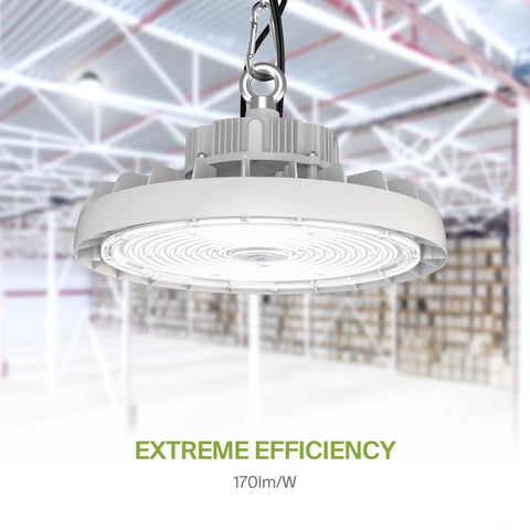 Beefed Up 300W LED High Bay UFO Light For Warehouses, Dimmable, 3 CCT 3000K 4000K 5000K, IP69K Waterproof, shown installed in warehouse