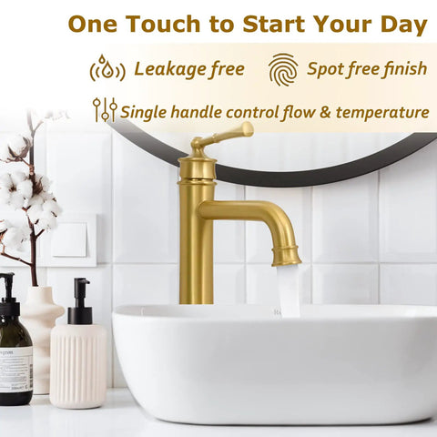 Tall Polished Chrome Vessel Sink Faucet With Deck Mount One Hole Lavatory Tap Single Handle Pop Up Drain Assembly No Fuss Installation Leak Proof Ceramic Disc Cartridge Ideal Bathroom Vanity Mixer For Bowl on a marble countertop next to toiletries.