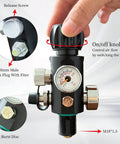 Front view of black metal paintball fill valve with M18×1.5 thread, pressure gauge, 20-inch hose and knurled on/off knob