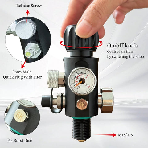 Front view of black metal paintball fill valve with M18×1.5 thread, pressure gauge, 20-inch hose and knurled on/off knob