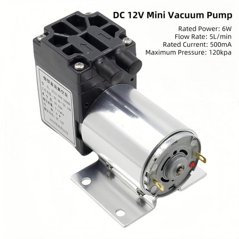 Front view of DC 12V mini vacuum pump with black plastic valve block and silver motor on a metal mounting base.