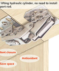 Qrity two-pack cabinet lid stay hinges with soft-close hydraulic mechanism installed on wood cabinet door