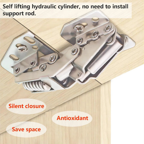 Qrity two-pack cabinet lid stay hinges with soft-close hydraulic mechanism installed on wood cabinet door