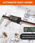 HARDELL digital caliper with stainless steel jaws and orange scale on blueprint; LCD reads 22.90 mm