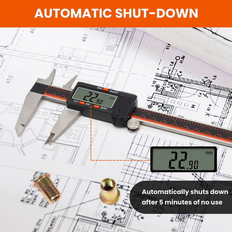 HARDELL digital caliper with stainless steel jaws and orange scale on blueprint; LCD reads 22.90 mm